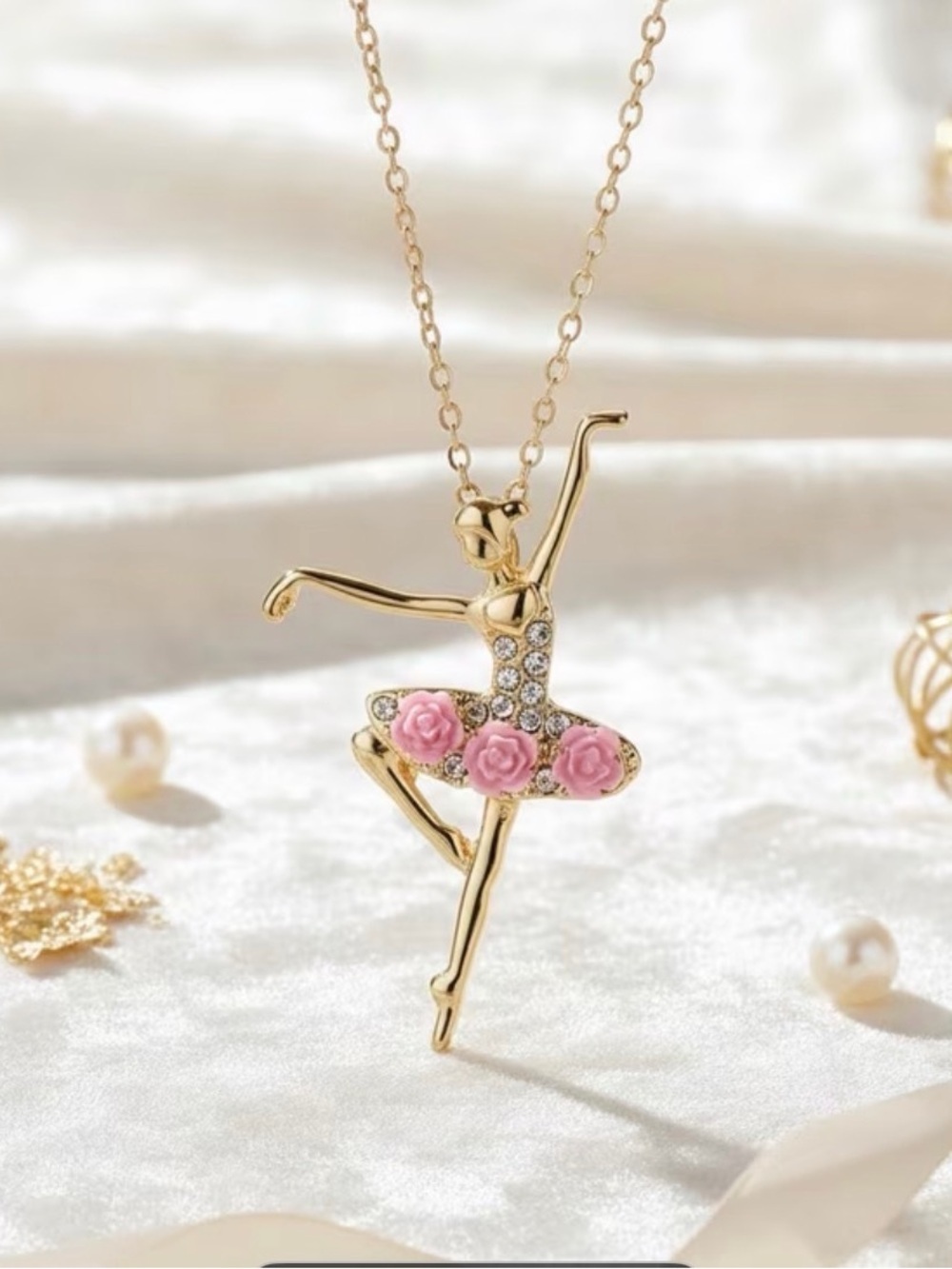 Gold Ballet Pink Floral Dancer Necklace. - Picture 6 of 7